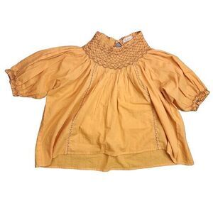 Solitaire Blouse Women's M Mustard Smocked Embroidered Balloon Sleeves Pullover‎